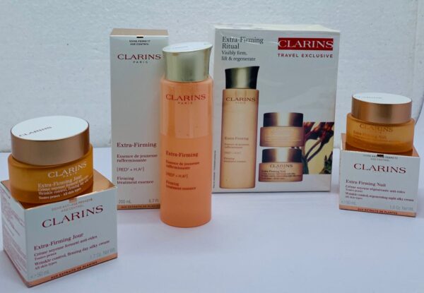 ch CLARINS PARIS 3in1 Set Day Cream & Night Cream & Firming Treatment Essence Extra - Firming Ritual Visibly Firm , Lift & Regenerate Essence de Jeunesse Raffermissante Firming Treatment Essence Wrinkle Control , Firming Day Silky Cream Wrinkle Control , Regenerating Night Silky Cream ALL SKIN TYPES 50ML Original Made In France Barcode scan Out Class Quality Guaranteed Results 03 Piece SET Most Demanding Item