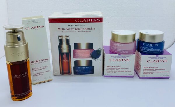 ch CLARINS PARIS 3in1 Set Day Cream & Night Cream & Double Serum Multi - Active Beauty Routine Smooth Fine Lines • Restore Radiance Double Serum [ Hydric Lipidic System ] Targets Fine Lines , Antioxidant Day Cream Targets Fine Lines , Revitalizing Night Cream Normal To Dry Skin 50ML Original Made In France Barcode scan Out Class Quality Guaranteed Results 03 Piece SET Most Demanding Item